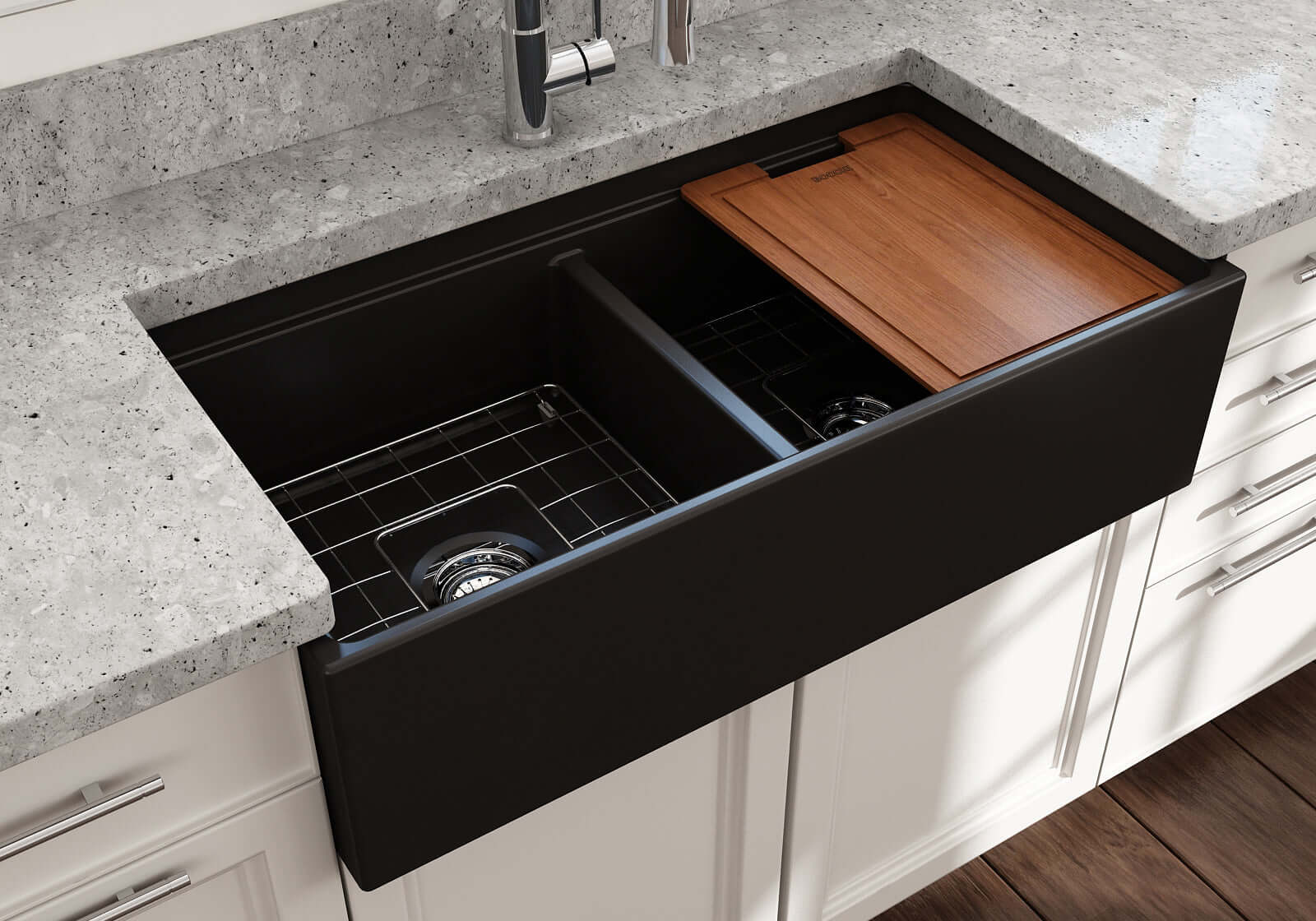 Alternate Image for BOCCHI Contempo 36" Fireclay Workstation Farmhouse Sink with Accessories, 50/50 Double Bowl, Matte Black, 1348-004-0120