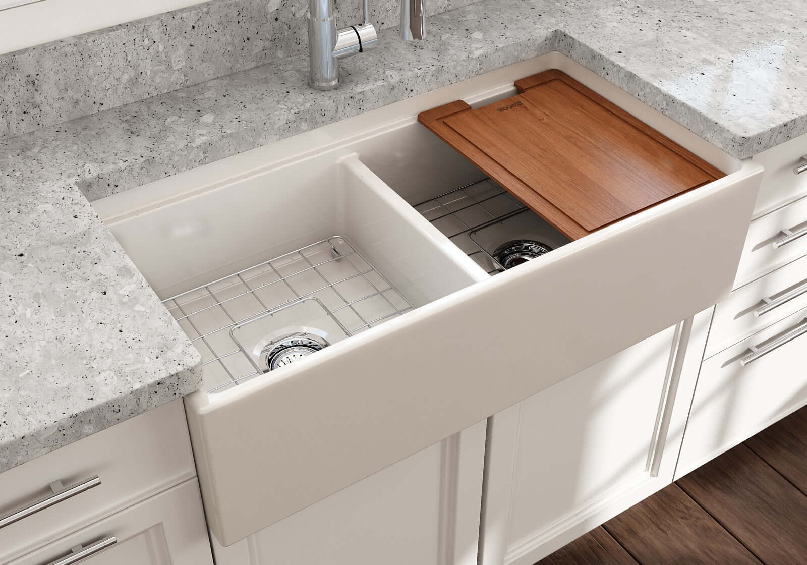 Alternate Image for BOCCHI Contempo 36" Fireclay Workstation Farmhouse Sink with Accessories, 50/50 Double Bowl, Biscuit, 1348-014-0120