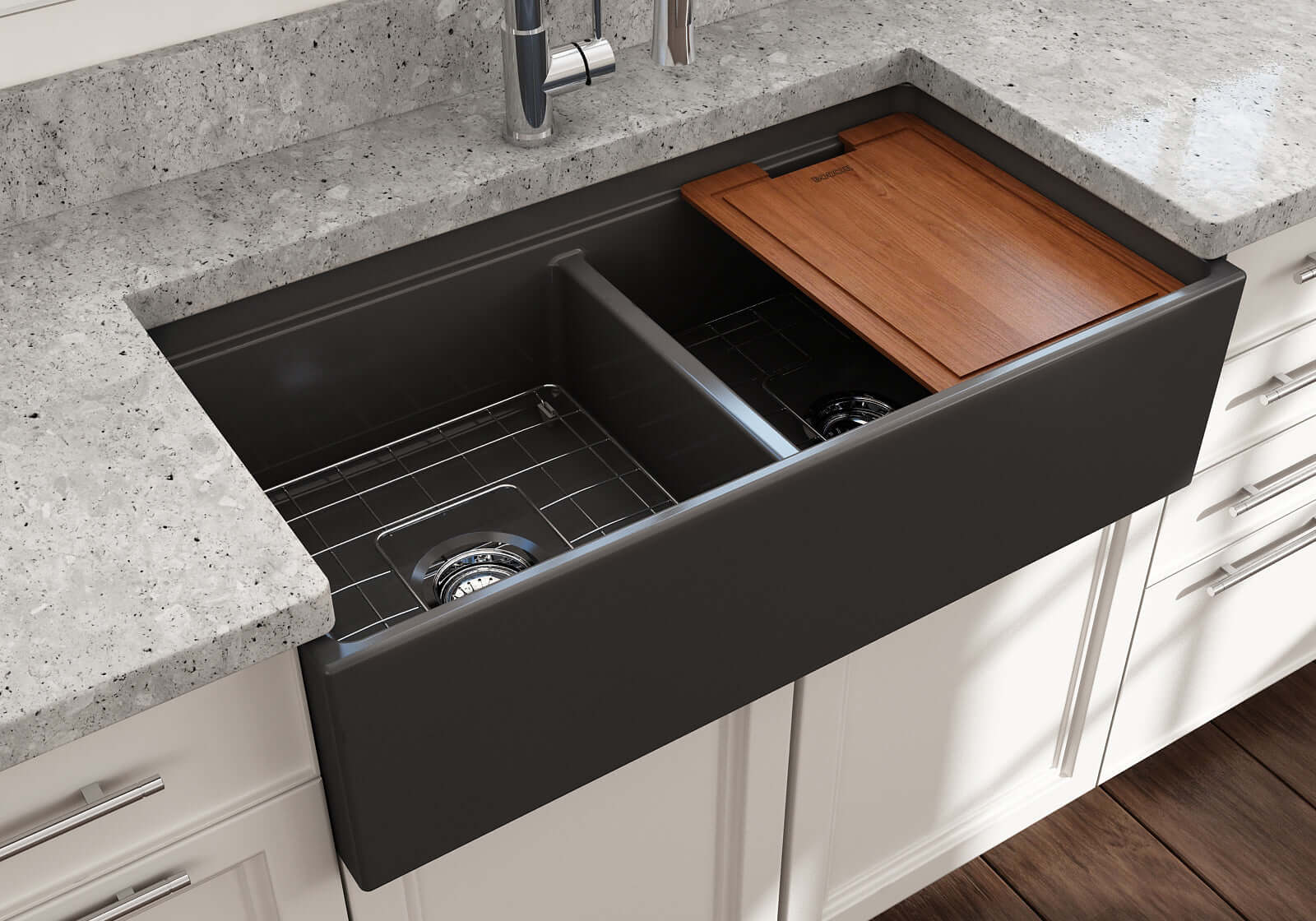 Alternate Image for BOCCHI Contempo 36" Fireclay Workstation Farmhouse Sink with Accessories, 50/50 Double Bowl, Matte Dark Gray, 1348-020-0120