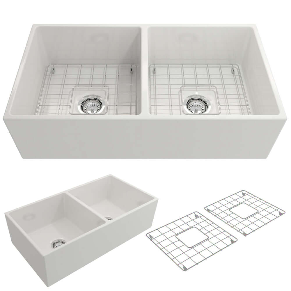 Alternate Image for BOCCHI Contempo 36" Fireclay Farmhouse Apron 50/50 Double Bowl Kitchen Sink, White, 1350-001-0120