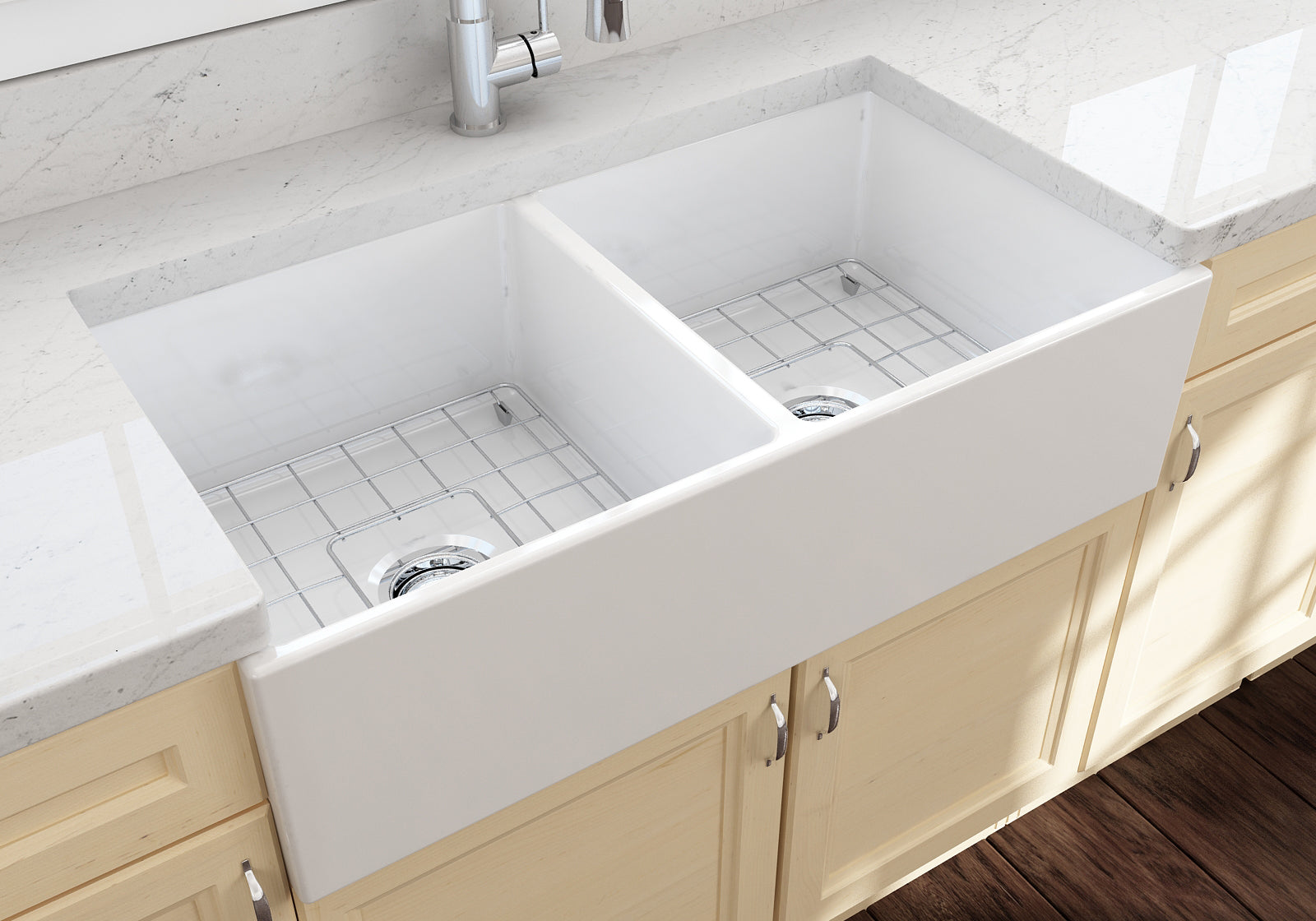 Alternate Image for BOCCHI Contempo 36" Fireclay Farmhouse Apron 50/50 Double Bowl Kitchen Sink, White, 1350-001-0120