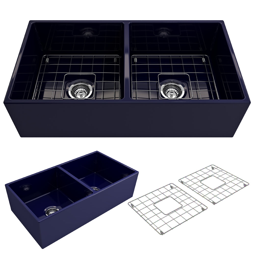 BOCCHI Contempo 36" Fireclay Farmhouse Apron 50/50 Double Bowl Kitchen Sink, Sapphire Blue, 1350-010-0120