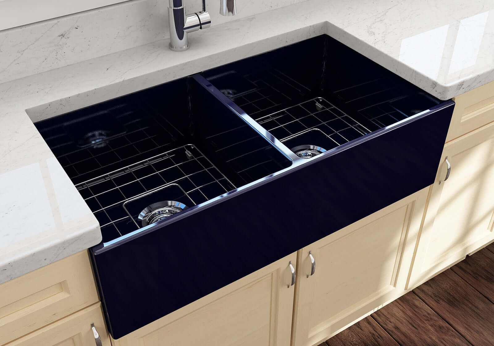 Alternate Image for BOCCHI Contempo 36" Fireclay Farmhouse Apron 50/50 Double Bowl Kitchen Sink, Sapphire Blue, 1350-010-0120