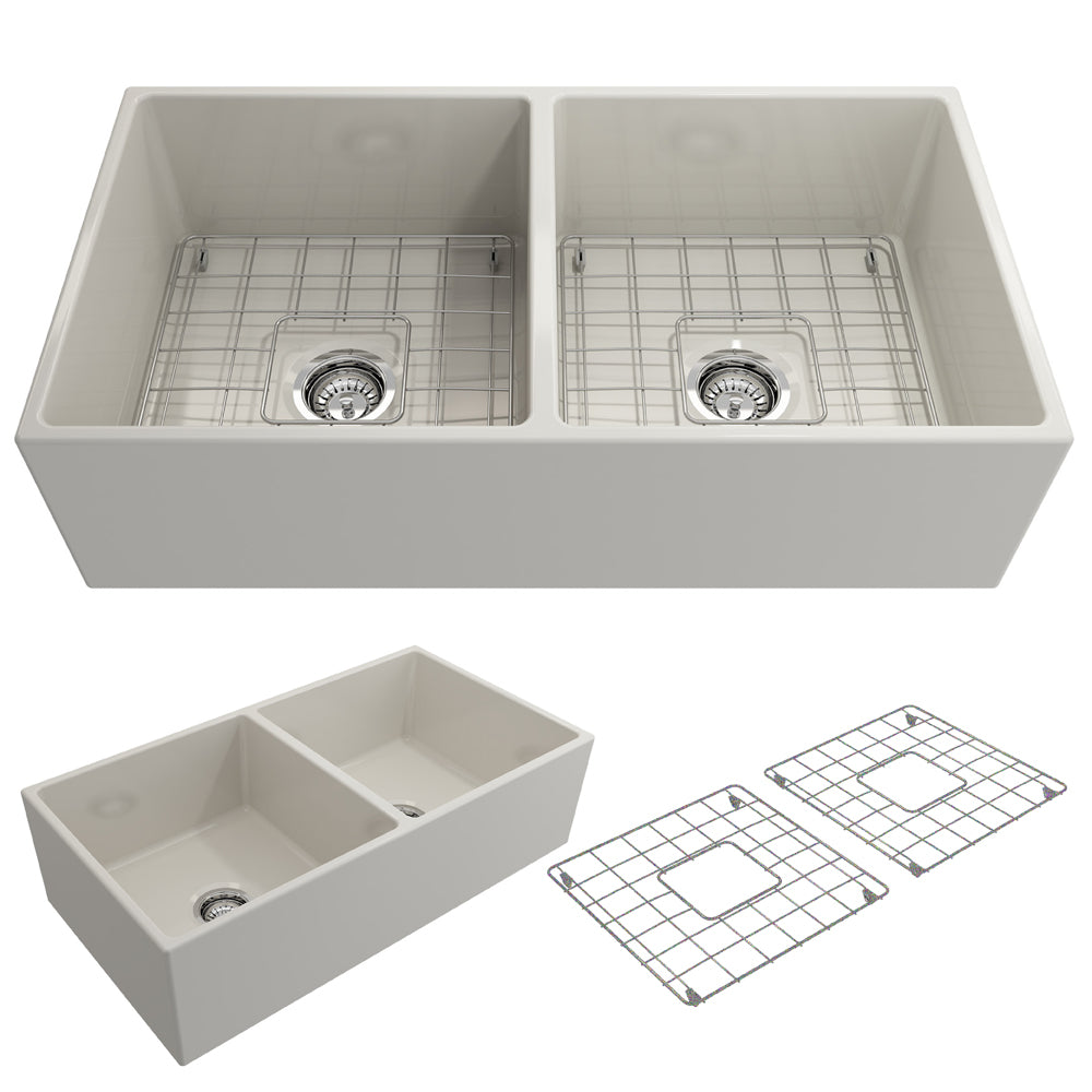BOCCHI Contempo 36" Fireclay Farmhouse Apron 50/50 Double Bowl Kitchen Sink, Biscuit, 1350-014-0120