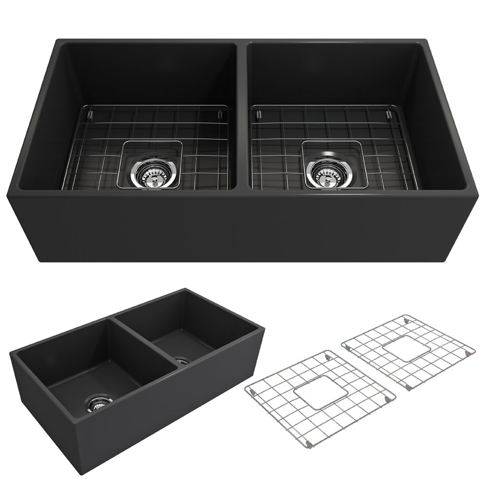 BOCCHI Contempo 36" Fireclay Farmhouse Apron 50/50 Double Bowl Kitchen Sink, Matte Dark Gray, 1350-020-0120