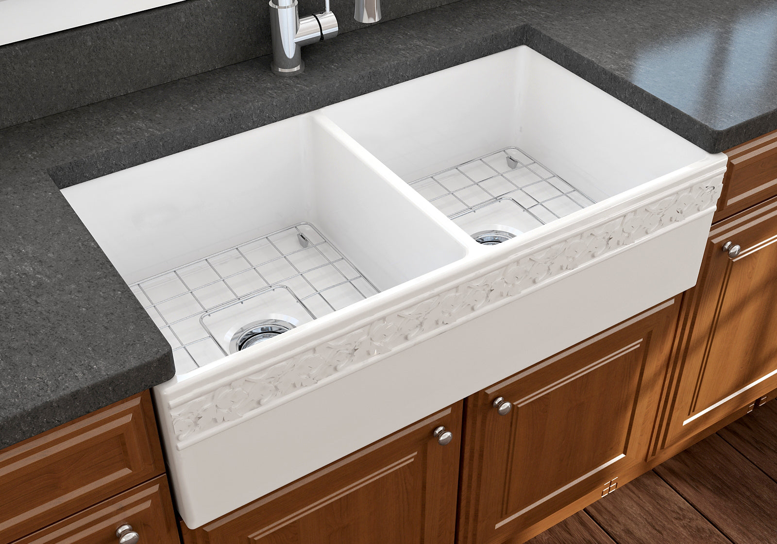 BOCCHI Vigneto 36" Fireclay Farmhouse Apron 50/50 Double Bowl Kitchen Sink, White, 1351-001-0120
