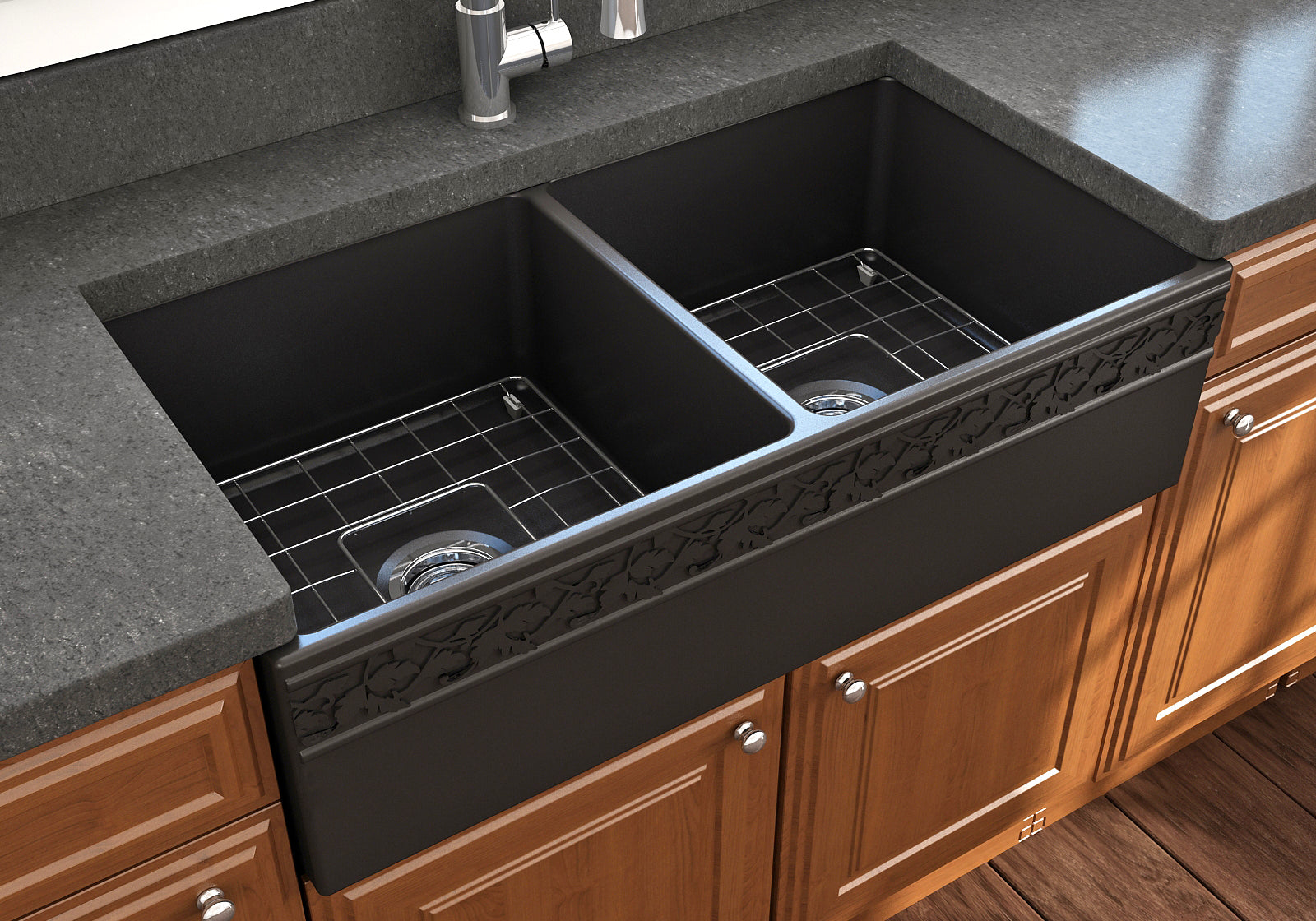BOCCHI Vigneto 36" Fireclay Farmhouse Apron 50/50 Double Bowl Kitchen Sink, Matte Black, 1351-004-0120