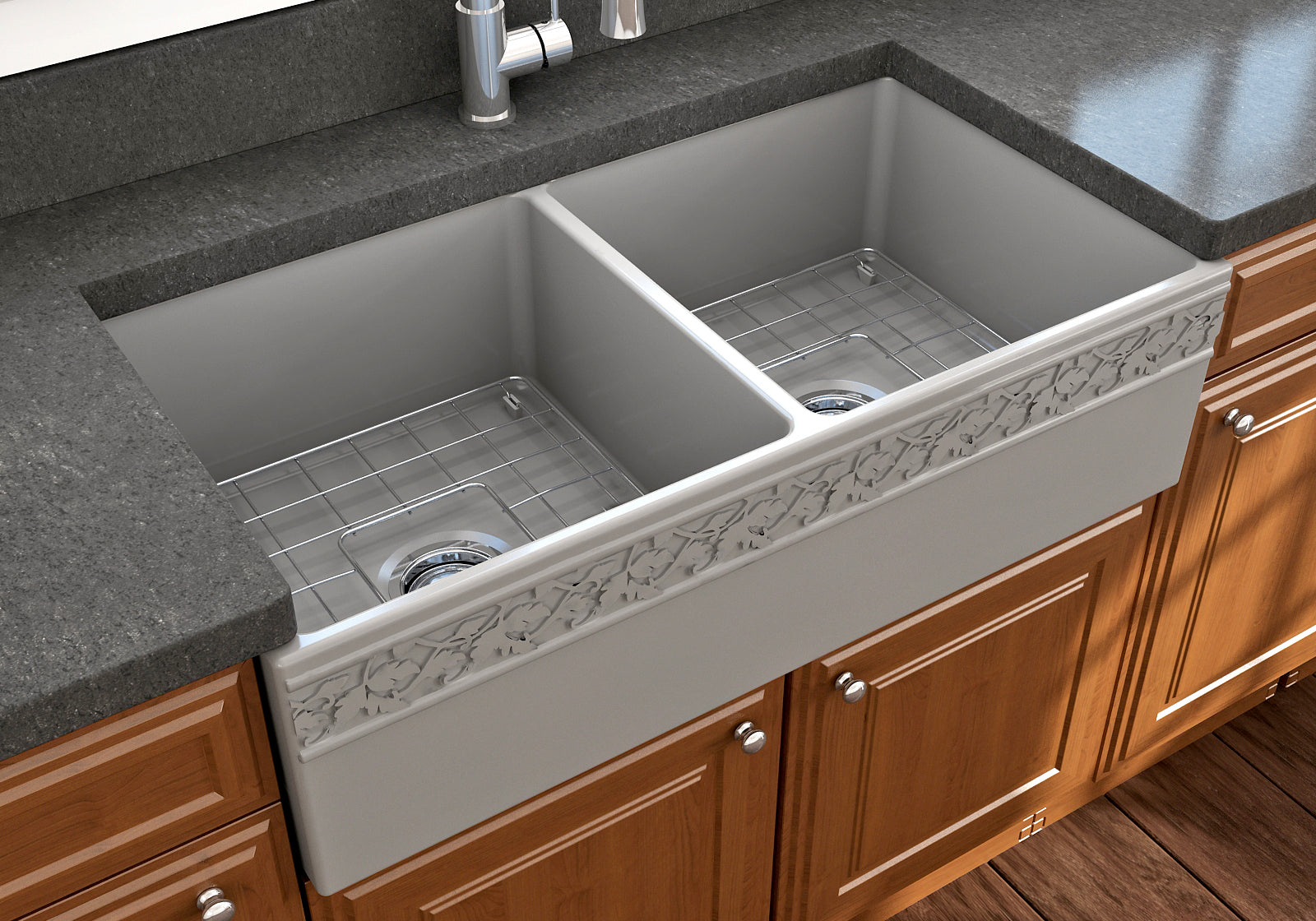 Alternate Image for BOCCHI Vigneto 36" Fireclay Farmhouse Apron 50/50 Double Bowl Kitchen Sink, Matte Gray, 1351-006-0120