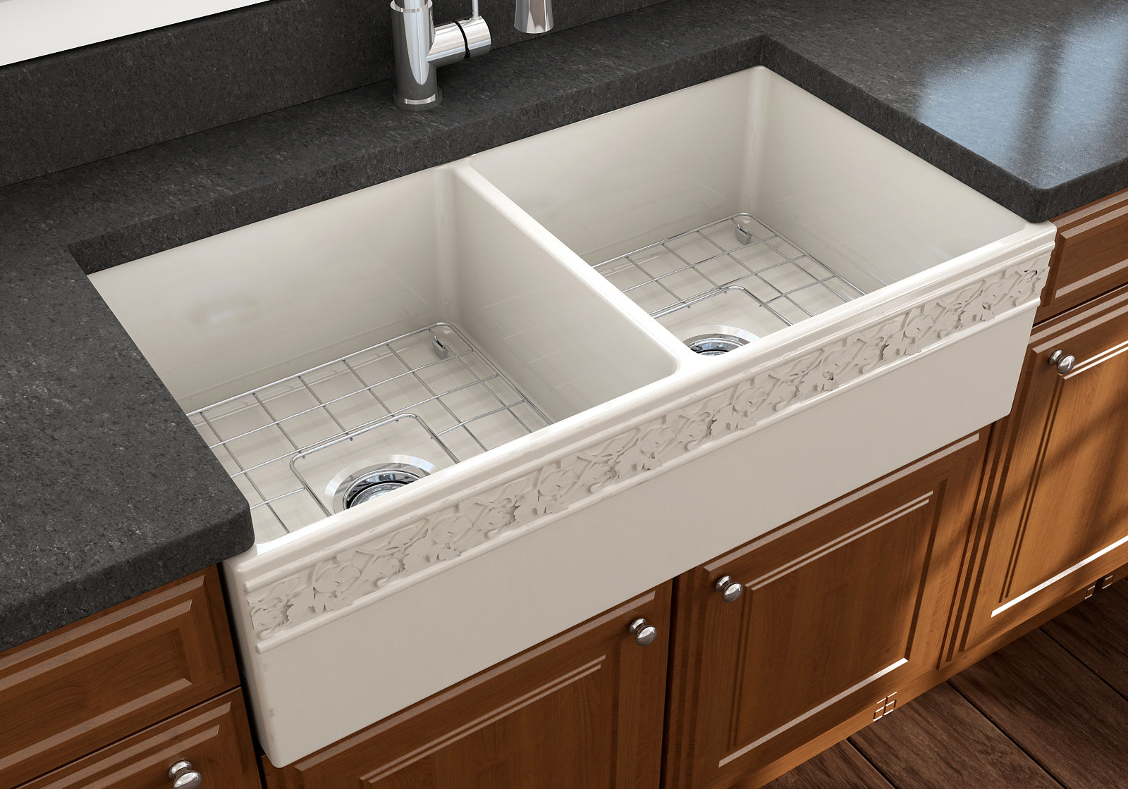 BOCCHI Vigneto 36" Fireclay Farmhouse Apron 50/50 Double Bowl Kitchen Sink, Biscuit, 1351-014-0120