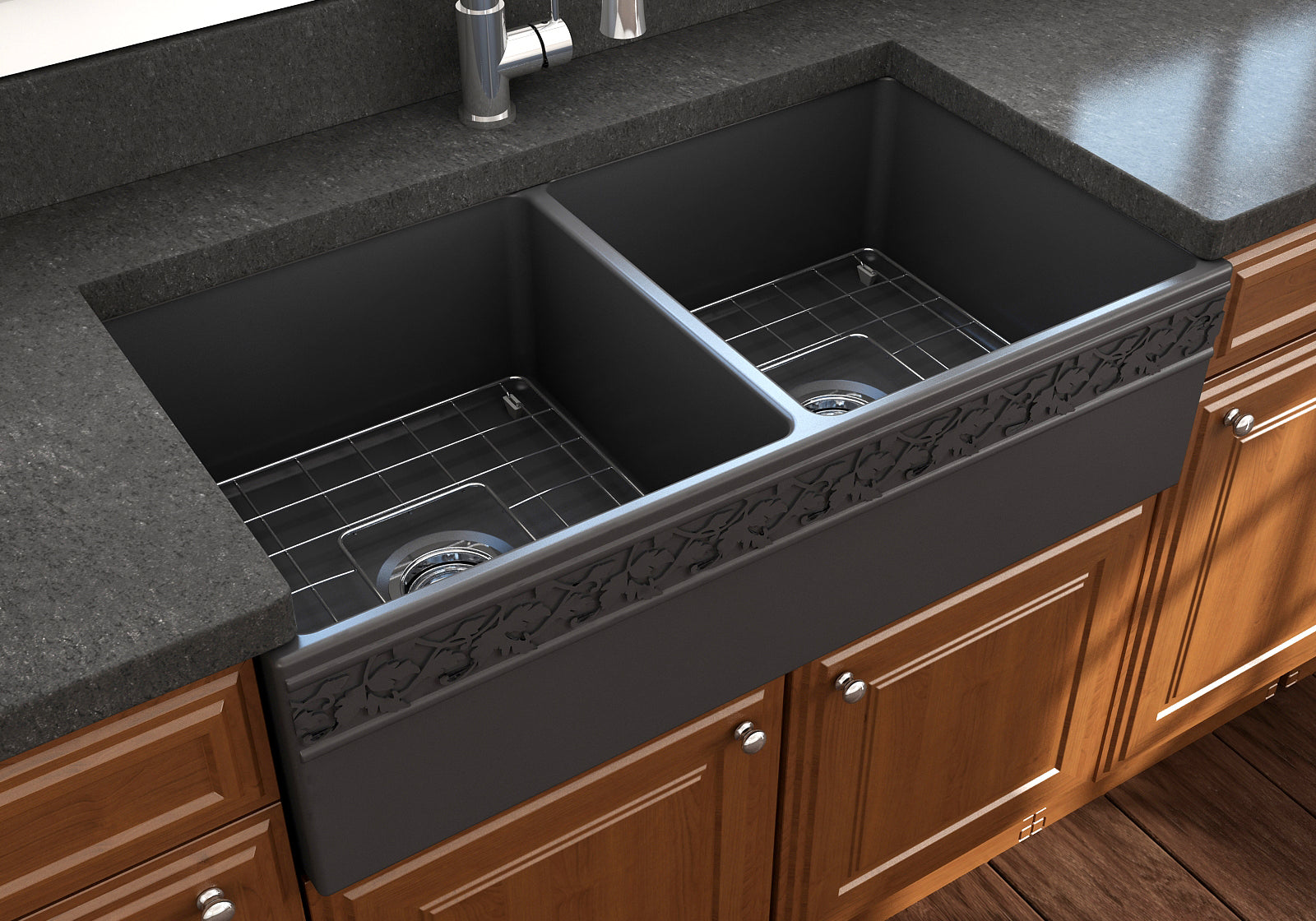 BOCCHI Vigneto 36" Fireclay Farmhouse Apron 50/50 Double Bowl Kitchen Sink, Matte Dark Gray, 1351-020-0120
