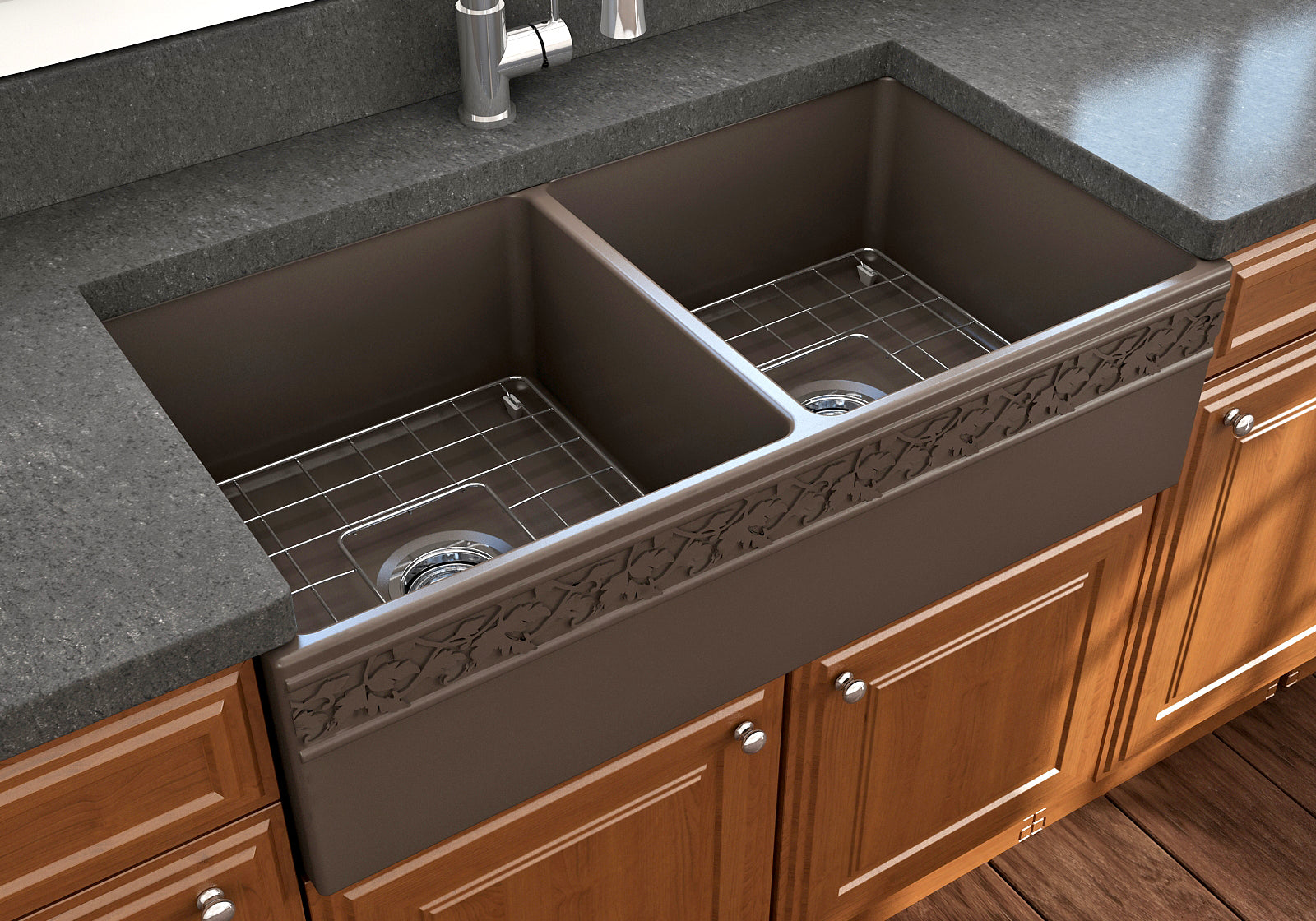 BOCCHI Vigneto 36" Fireclay Farmhouse Apron 50/50 Double Bowl Kitchen Sink, Matte Brown, 1351-025-0120