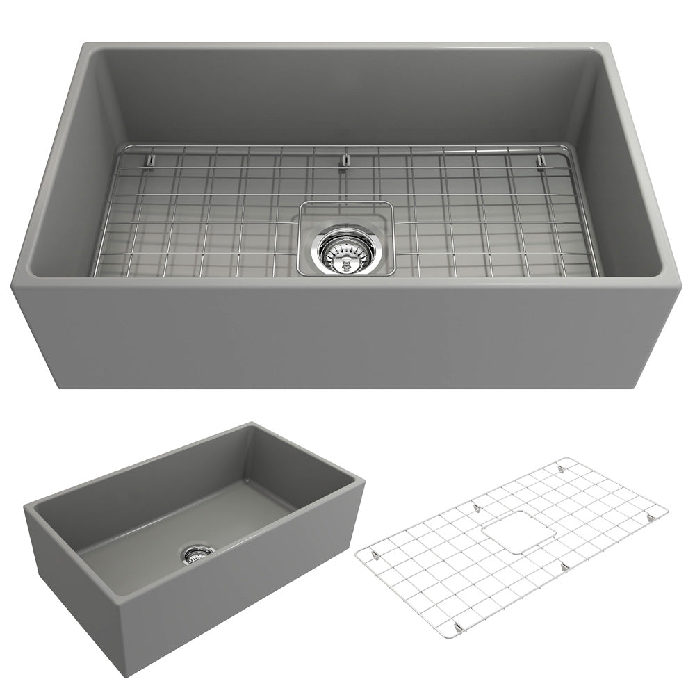 BOCCHI Contempo 33" Fireclay Farmhouse Apron Single Bowl Kitchen Sink, Matte Gray, 1352-006-0120