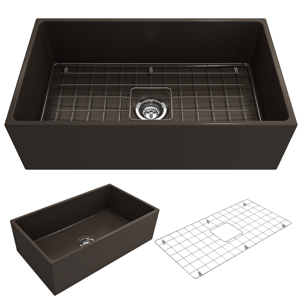 BOCCHI Contempo 33" Fireclay Farmhouse Apron Single Bowl Kitchen Sink, Matte Brown, 1352-025-0120