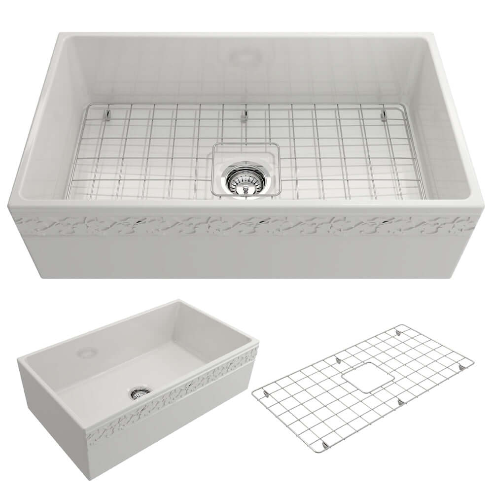 BOCCHI Vigneto 33" Fireclay Farmhouse Apron Single Bowl Kitchen Sink, White, 1353-001-0120