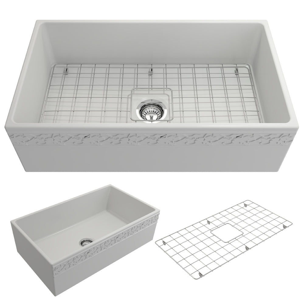 BOCCHI Vigneto 33" Fireclay Farmhouse Apron Single Bowl Kitchen Sink, Matte White, 1353-002-0120