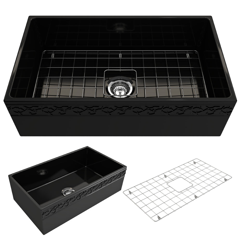 BOCCHI Vigneto 33" Fireclay Farmhouse Apron Single Bowl Kitchen Sink, Black, 1353-005-0120