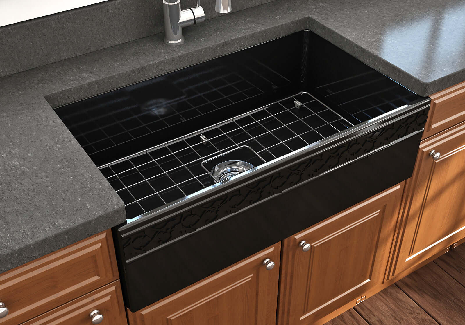 Alternate Image for BOCCHI Vigneto 33" Fireclay Farmhouse Apron Single Bowl Kitchen Sink, Black, 1353-005-0120