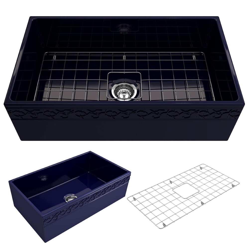 BOCCHI Vigneto 33" Fireclay Farmhouse Apron Single Bowl Kitchen Sink, Sapphire Blue, 1353-010-0120