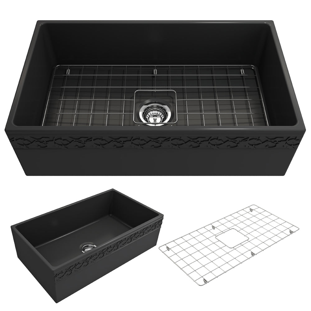 BOCCHI Vigneto 33" Fireclay Farmhouse Apron Single Bowl Kitchen Sink, Matte Dark Gray, 1353-020-0120