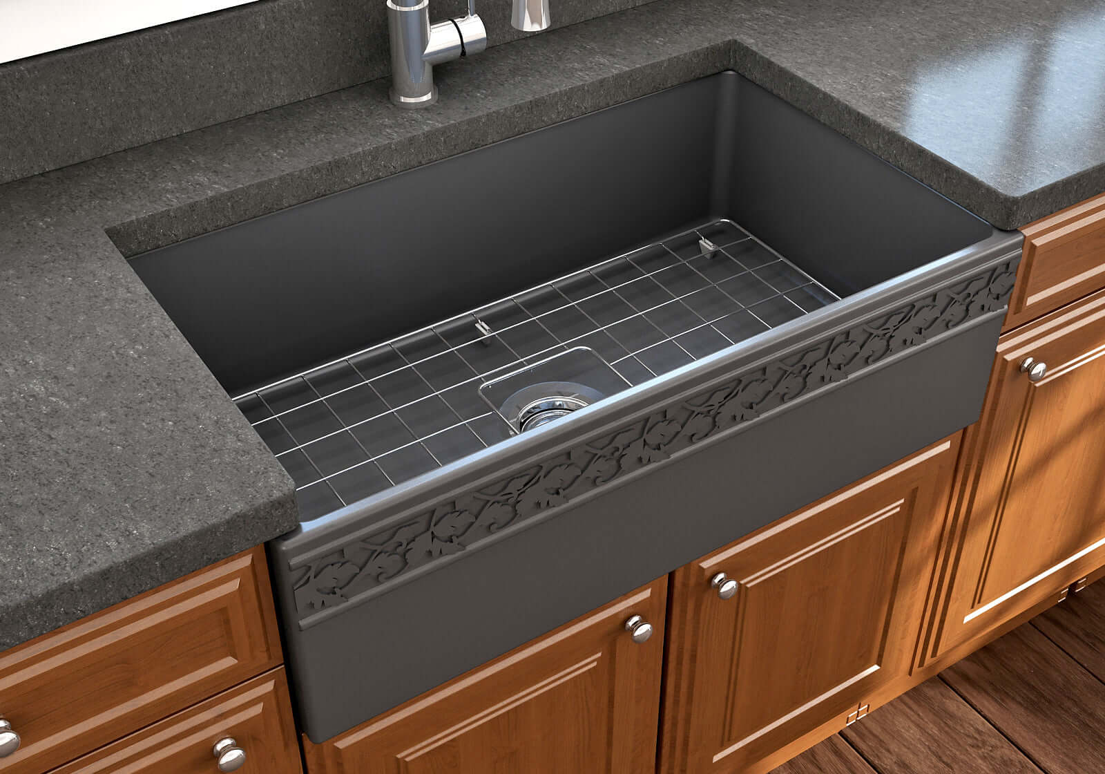 Alternate Image for BOCCHI Vigneto 33" Fireclay Farmhouse Apron Single Bowl Kitchen Sink, Matte Dark Gray, 1353-020-0120