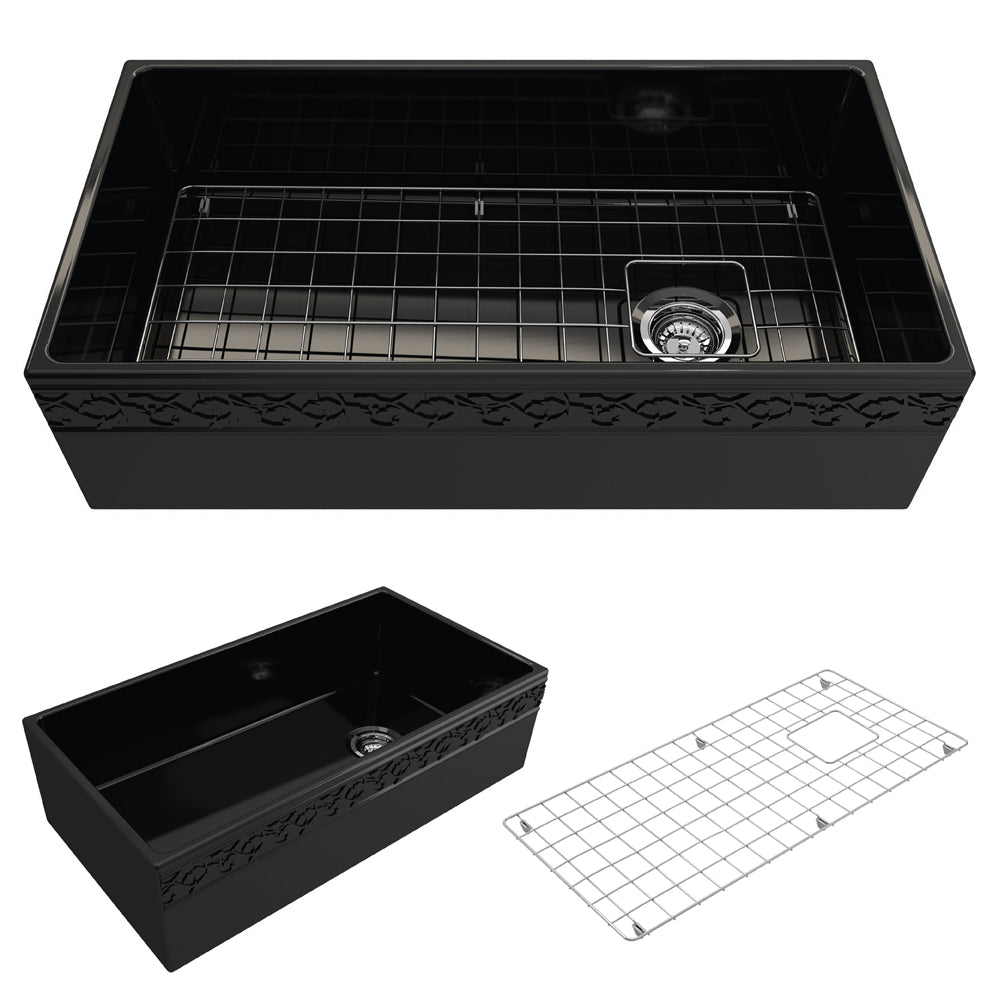 BOCCHI Vigneto 36" Fireclay Farmhouse Apron Single Bowl Kitchen Sink, Black, 1355-005-0120