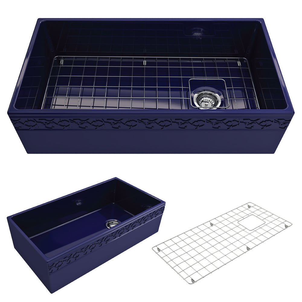 BOCCHI Vigneto 36" Fireclay Farmhouse Apron Single Bowl Kitchen Sink, Sapphire Blue, 1355-010-0120