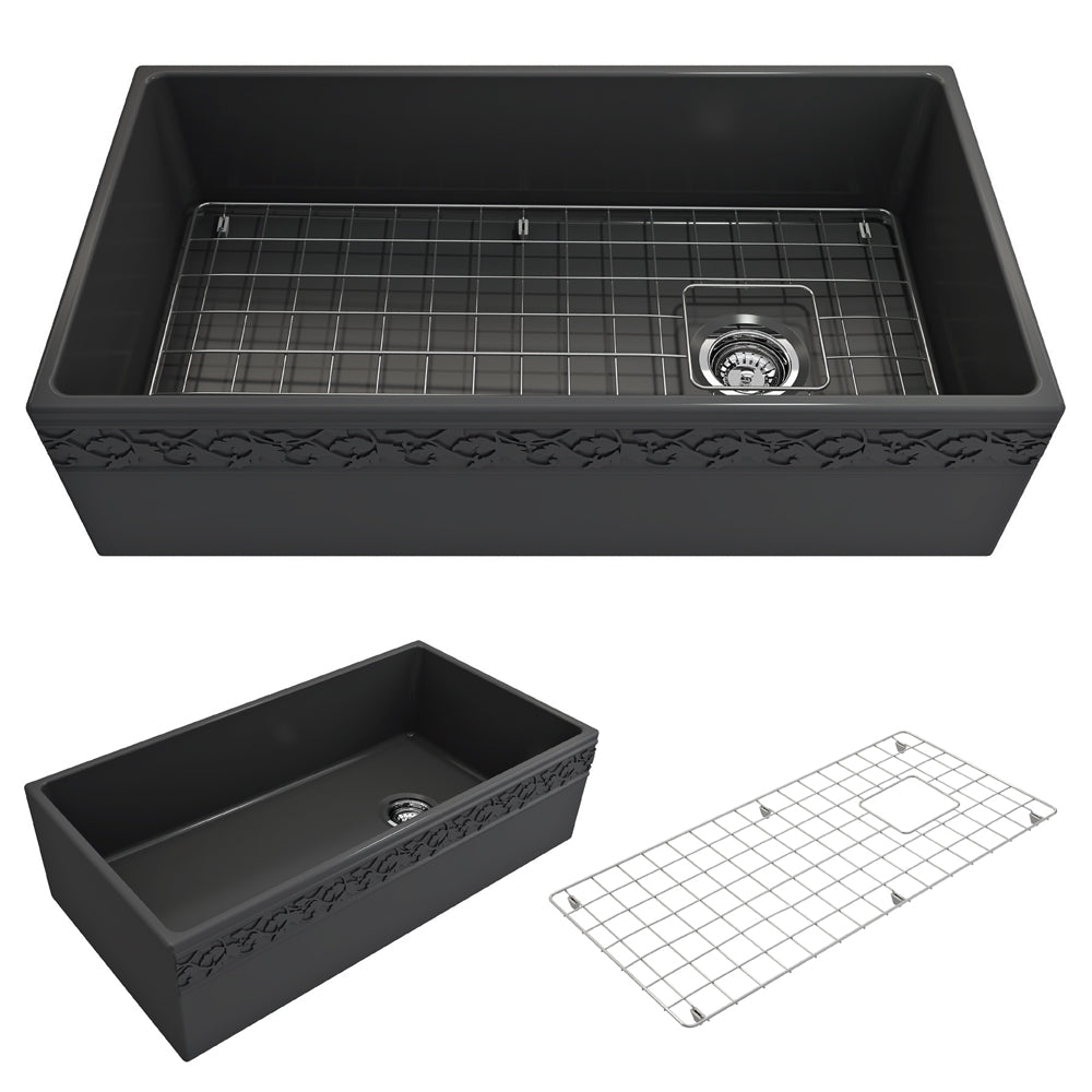 BOCCHI Vigneto 36" Fireclay Farmhouse Apron Single Bowl Kitchen Sink, Matte Dark Gray, 1355-020-0120
