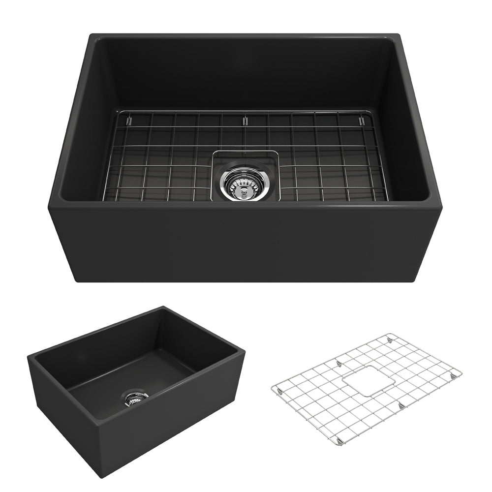 BOCCHI Contempo 27" Fireclay Farmhouse Apron Single Bowl Kitchen Sink, Matte Dark Gray, 1356-020-0120