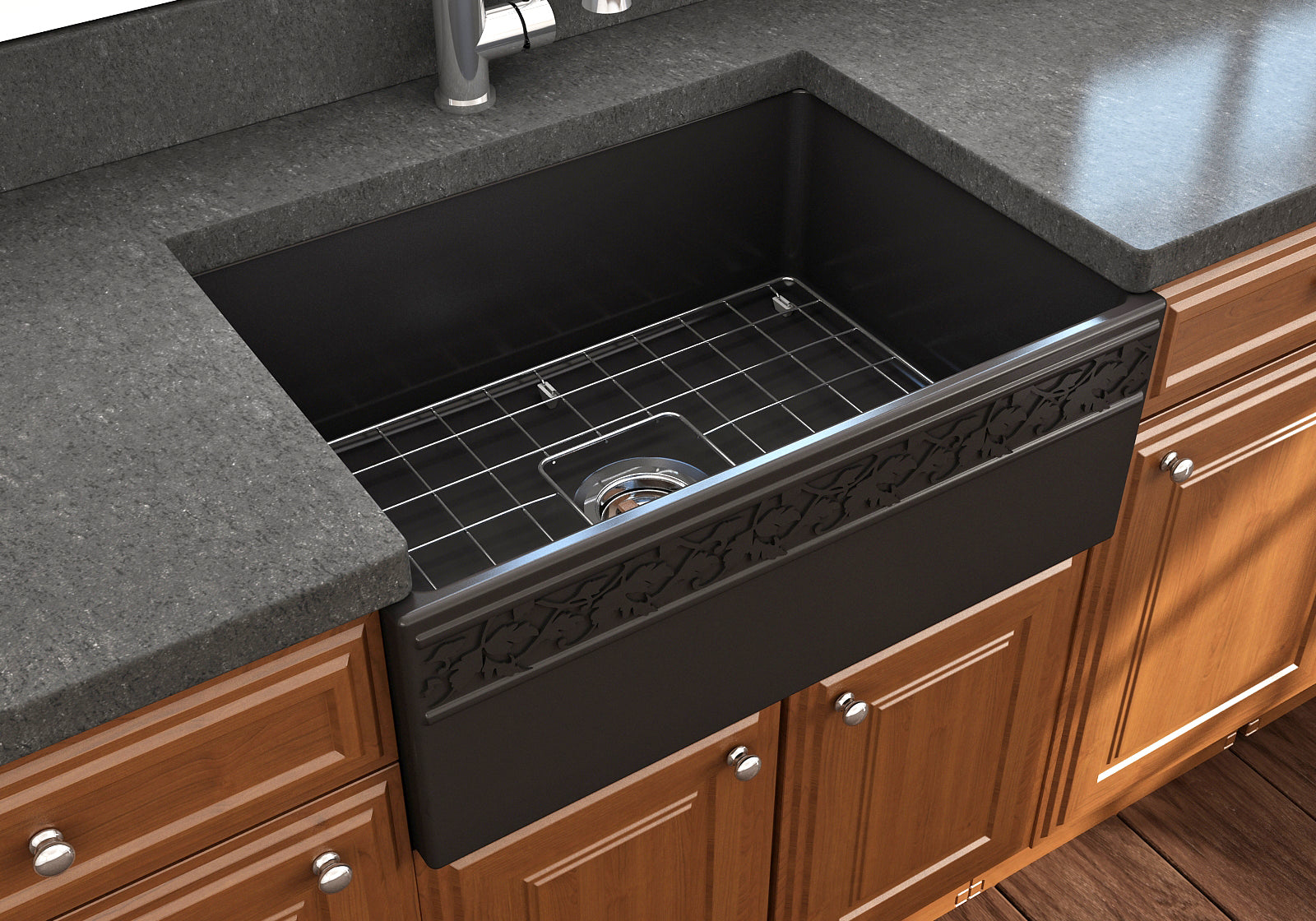BOCCHI Vigneto 27" Fireclay Farmhouse Apron Single Bowl Kitchen Sink, Matte Black, 1357-004-0120
