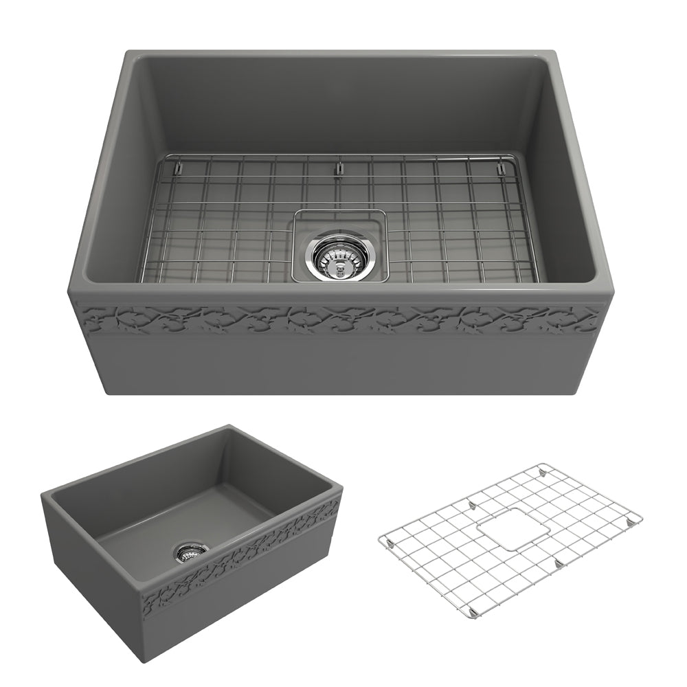 BOCCHI Vigneto 27" Fireclay Farmhouse Apron Single Bowl Kitchen Sink, Matte Gray, 1357-006-0120
