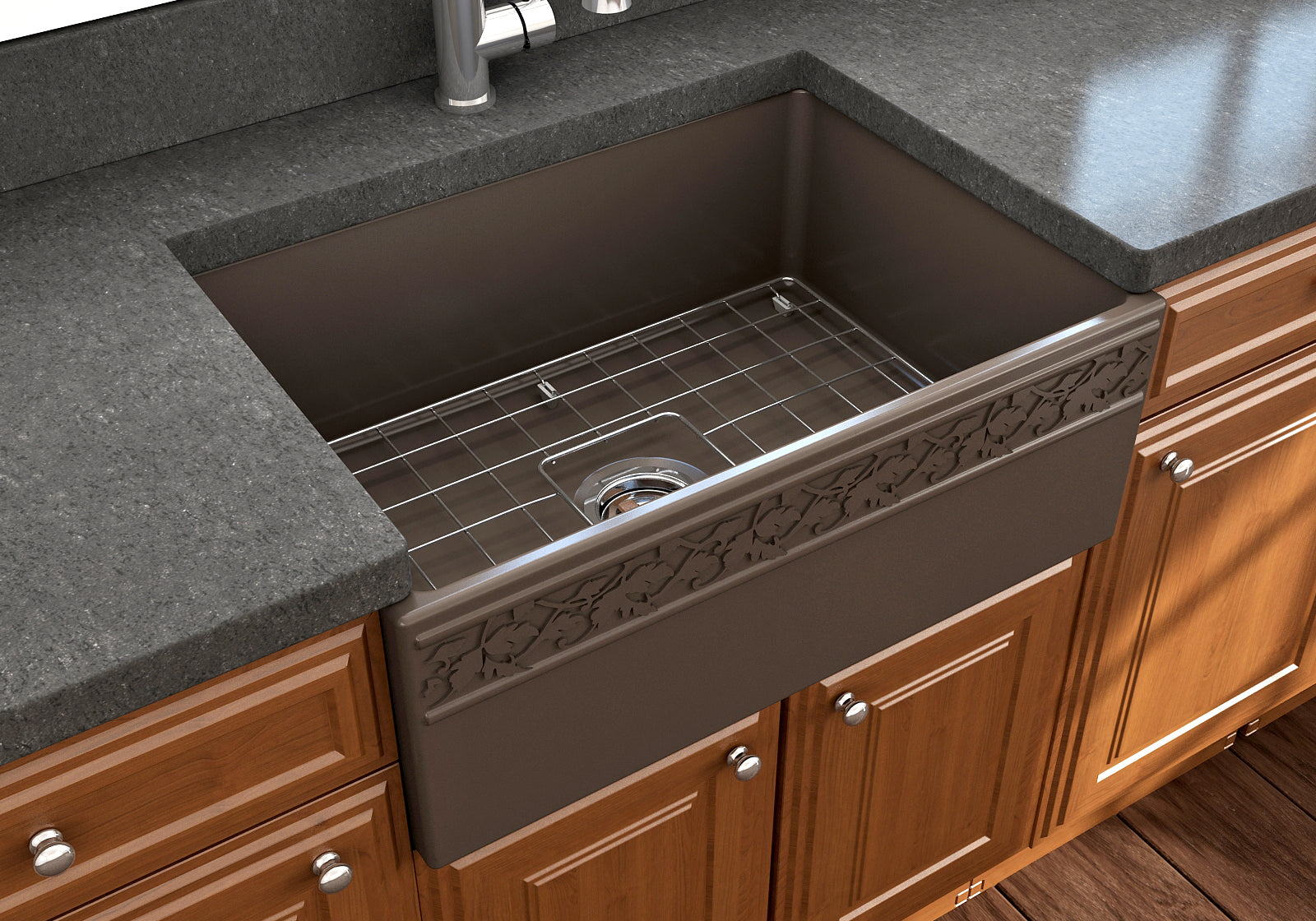 BOCCHI Vigneto 27" Fireclay Farmhouse Apron Single Bowl Kitchen Sink, Matte Brown, 1357-025-0120