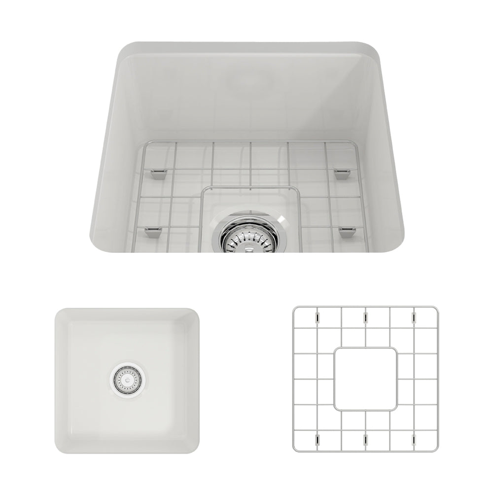 BOCCHI Sotto 18" Fireclay Undermount Single Bowl Bar Sink with Protective Bottom Grid and Strainer, White, 1359-001-0120