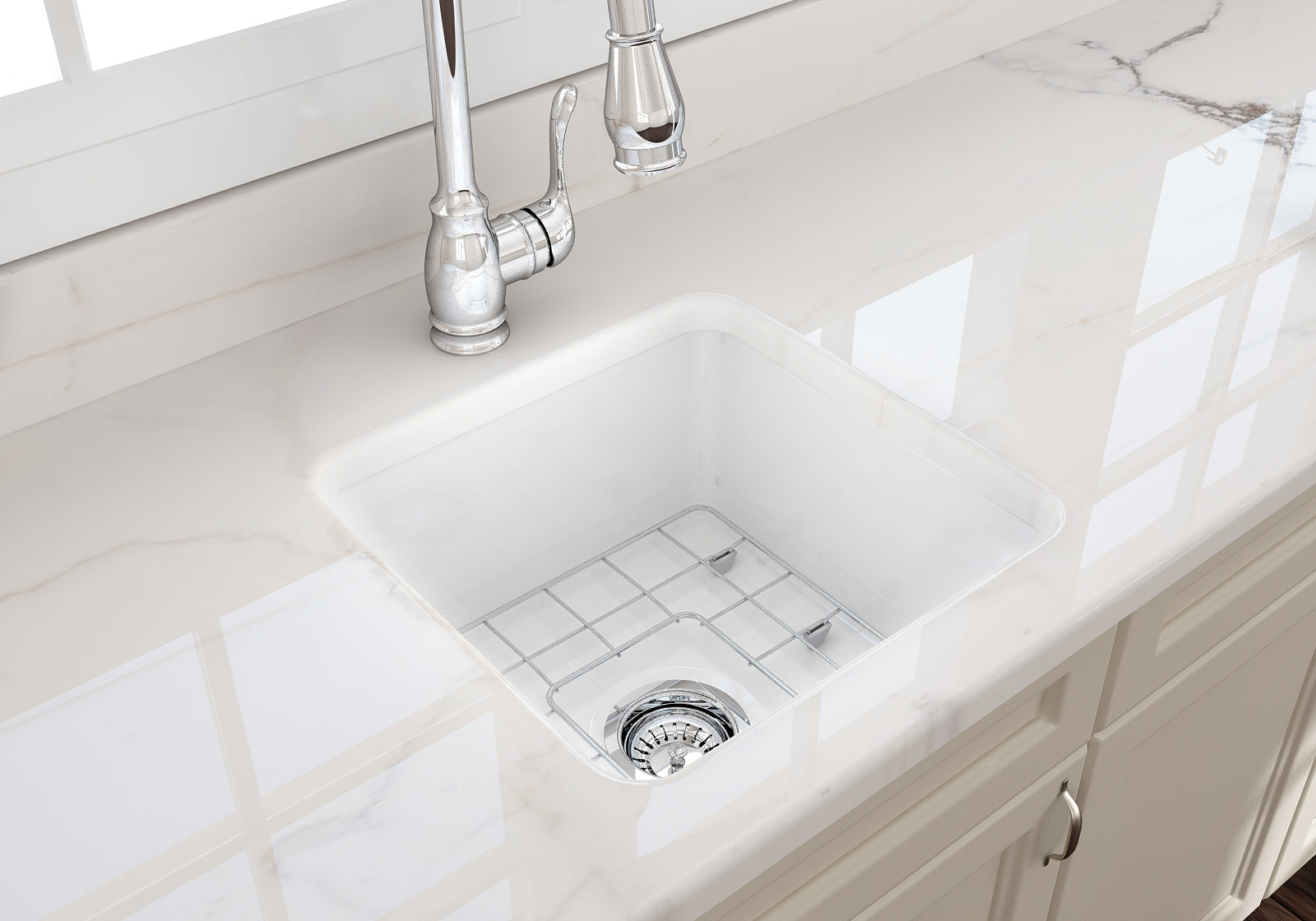 BOCCHI Sotto 18" Fireclay Undermount Single Bowl Bar Sink with Protective Bottom Grid and Strainer, White, 1359-001-0120