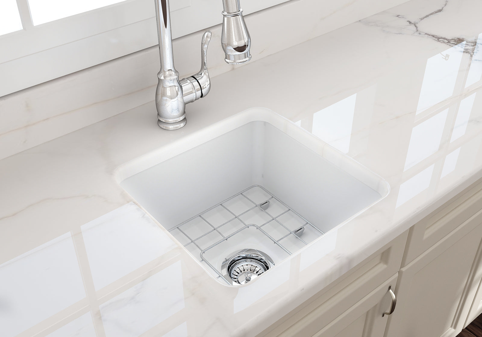 BOCCHI Sotto 18" Fireclay Undermount Single Bowl Bar Sink with Protective Bottom Grid and Strainer, Matte White, 1359-002-0120
