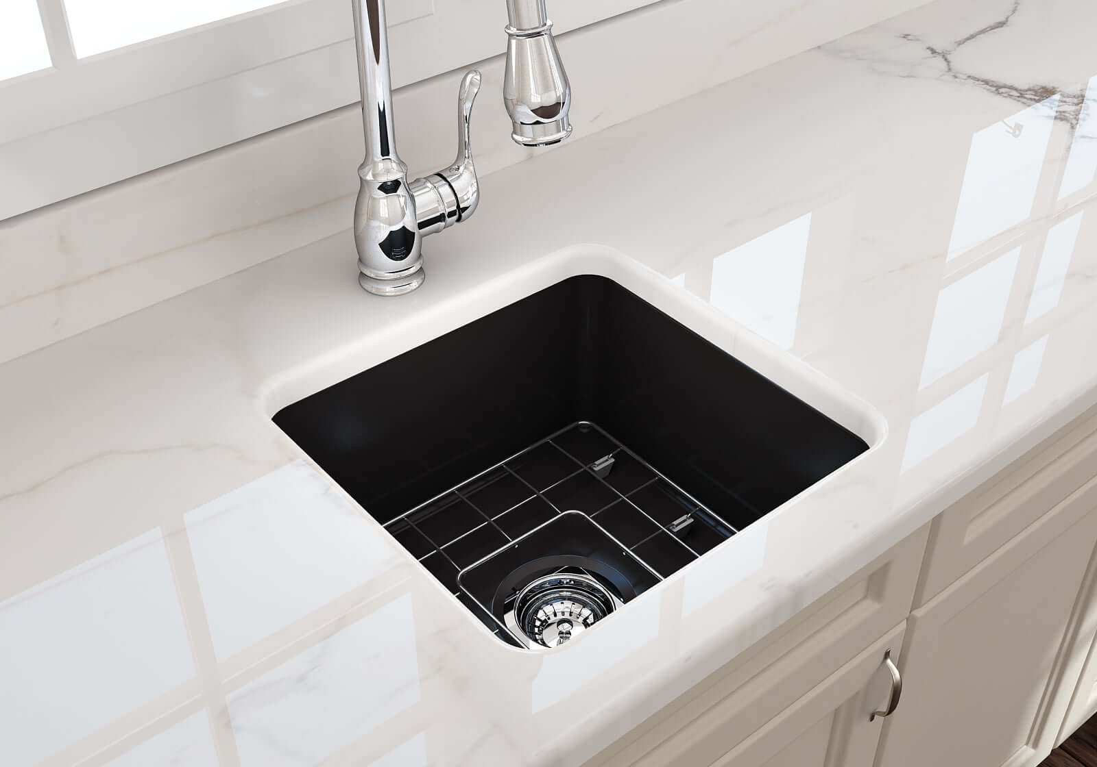 Alternate Image for BOCCHI Sotto 18" Fireclay Undermount Single Bowl Bar Sink with Protective Bottom Grid and Strainer, Matte Black, 1359-004-0120