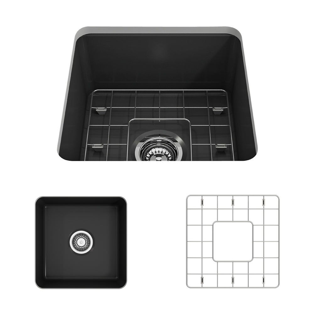 BOCCHI Sotto 18" Fireclay Undermount Single Bowl Bar Sink with Protective Bottom Grid and Strainer, Matte Dark Gray, 1359-020-0120