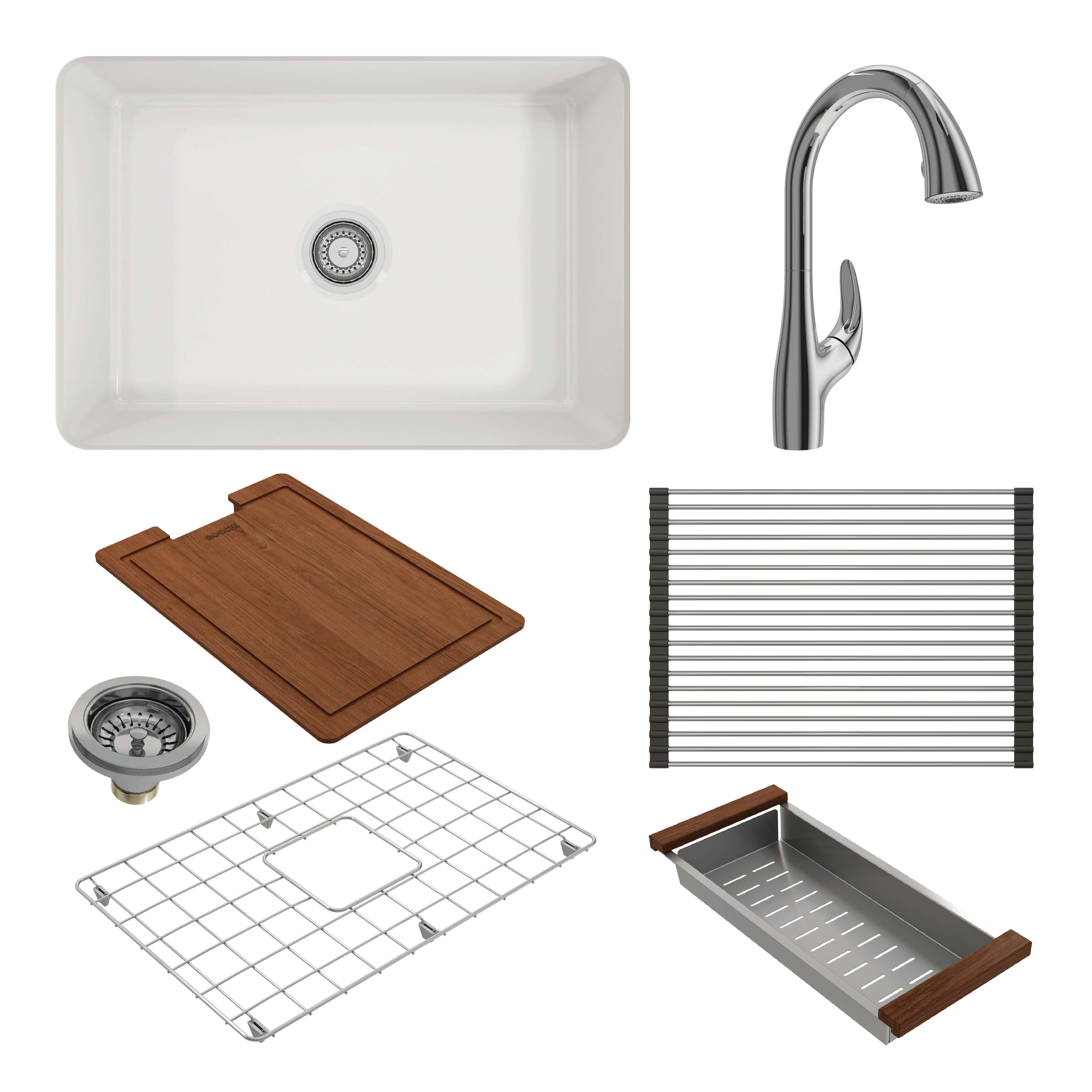 Alternate Image for BOCCHI Sotto 27" White Fireclay Dual Mount Single Bowl Kitchen Sink Kit with Chrome Faucet and Accessories, 1360-001-2024CH