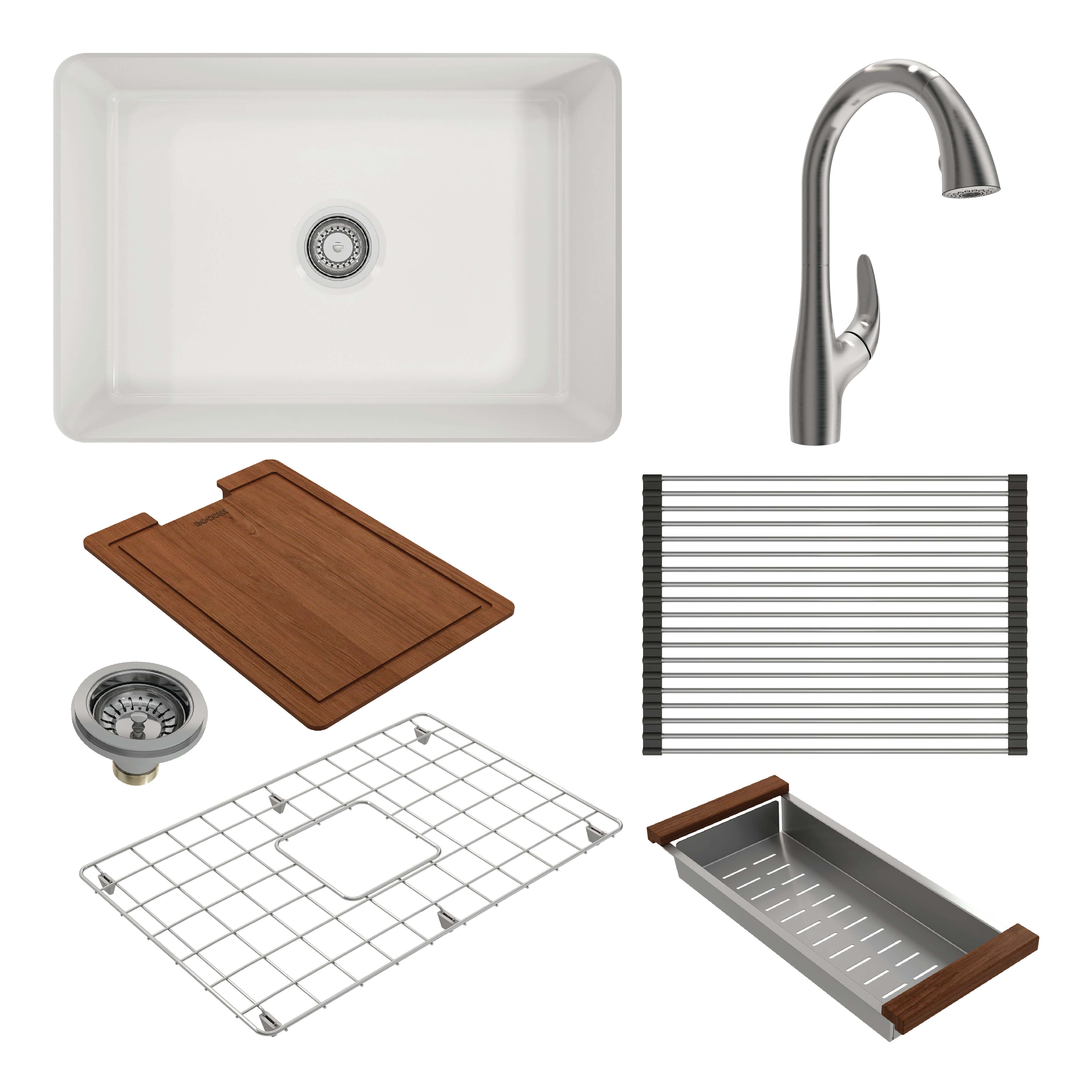 Alternate Image for BOCCHI Sotto 27" White Fireclay Dual Mount Single Bowl Kitchen Sink Kit with Stainless Steel Faucet and Accessories, 1360-001-2024SS