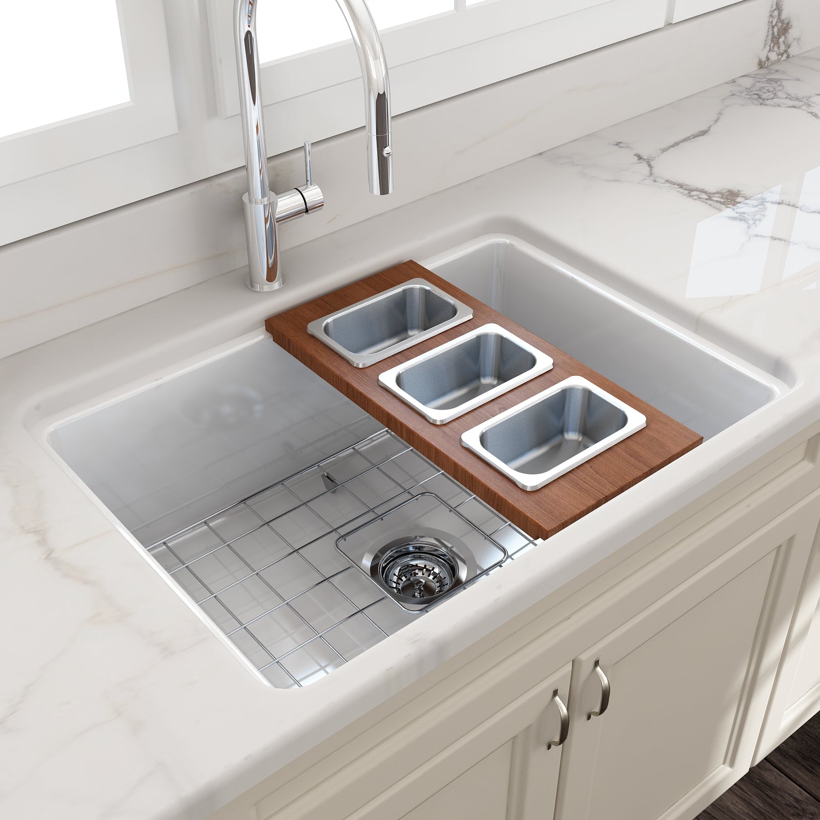Alternate Image for BOCCHI Wood Board with 3 Rectangular Stainless Steel Bowls, 2320 0013