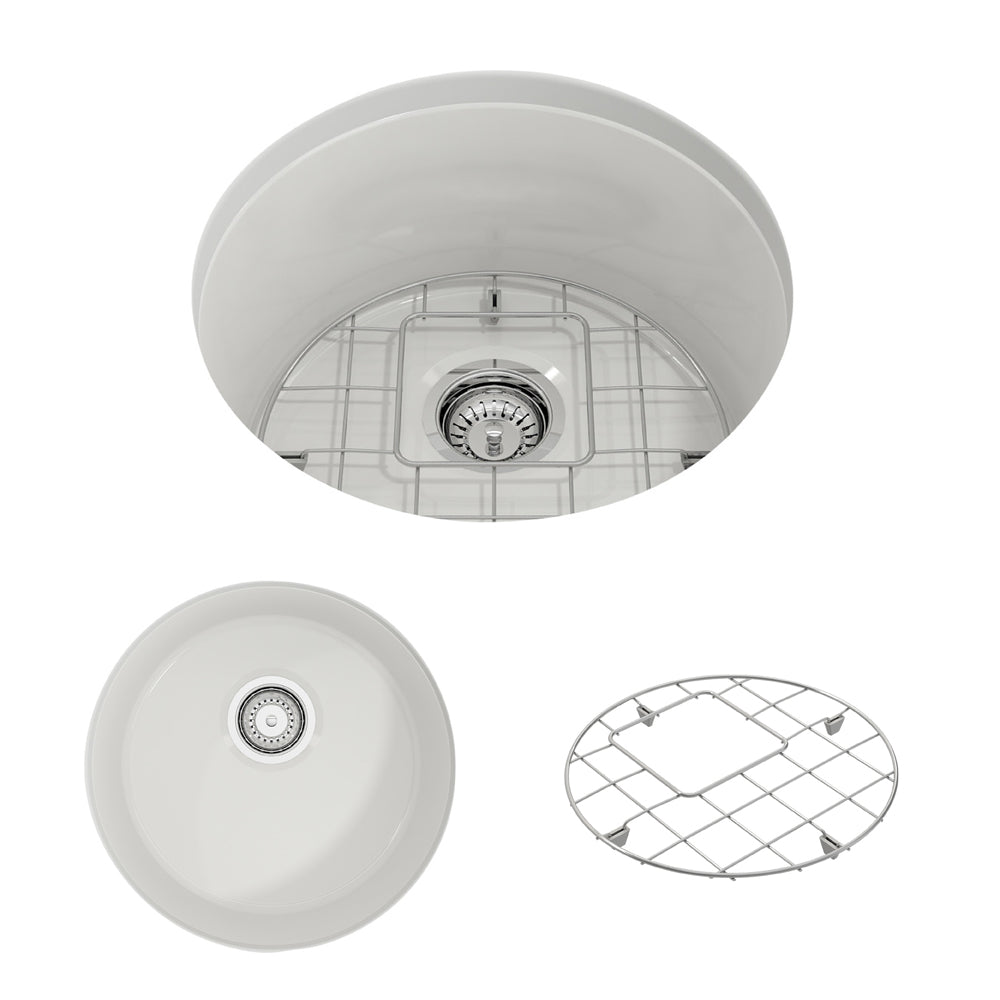 BOCCHI Sotto 18.5" Round Fireclay Undermount Single Bowl Bar Sink with Protective Bottom Grid and Strainer, White, 1361-001-0120
