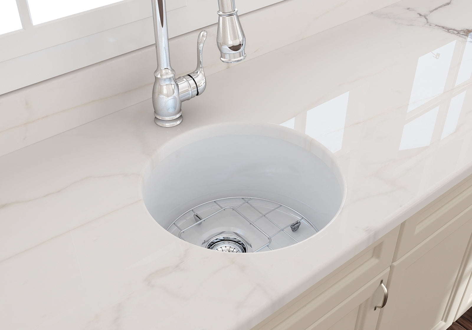 BOCCHI Sotto 18.5" Round Fireclay Undermount Single Bowl Bar Sink with Protective Bottom Grid and Strainer, White, 1361-001-0120