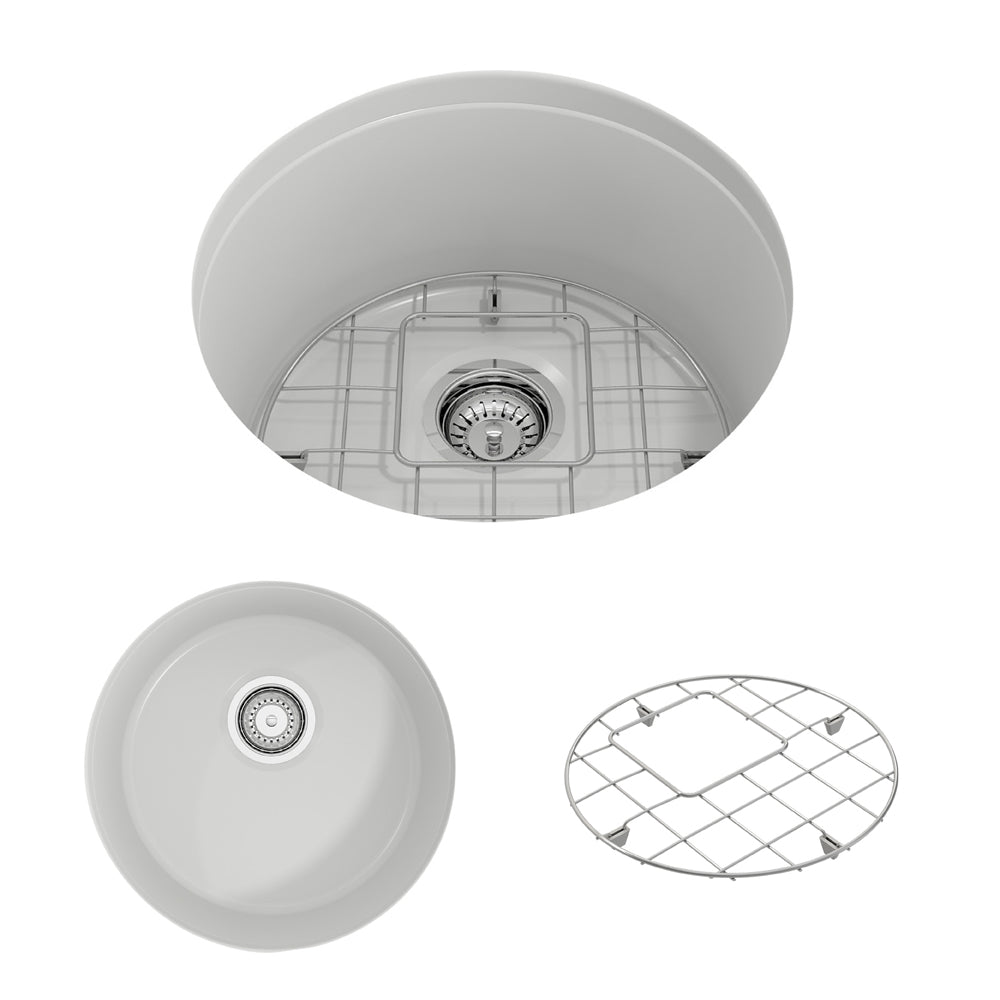 BOCCHI Sotto 18.5" Round Fireclay Undermount Single Bowl Bar Sink with Protective Bottom Grid and Strainer, Matte White, 1361-002-0120