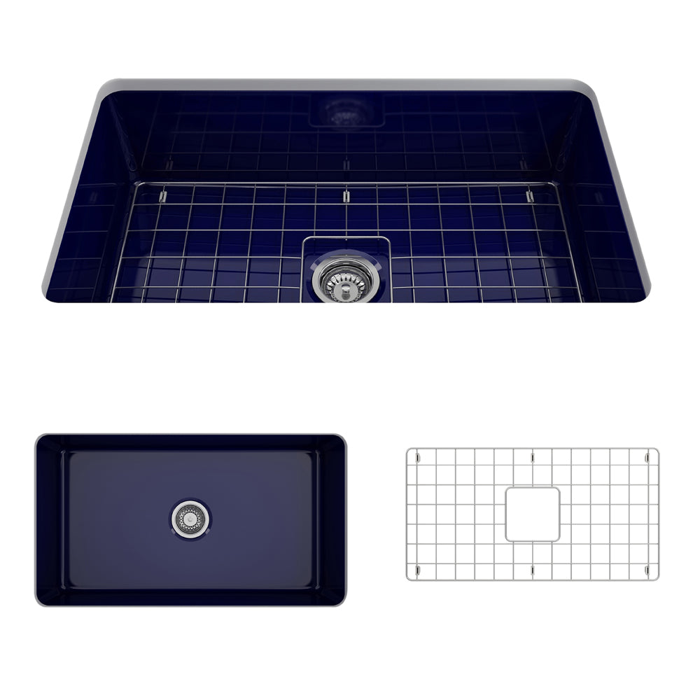 BOCCHI Sotto 32" Fireclay Undermount Single Bowl Kitchen Sink, Sapphire Blue, 1362-010-0120