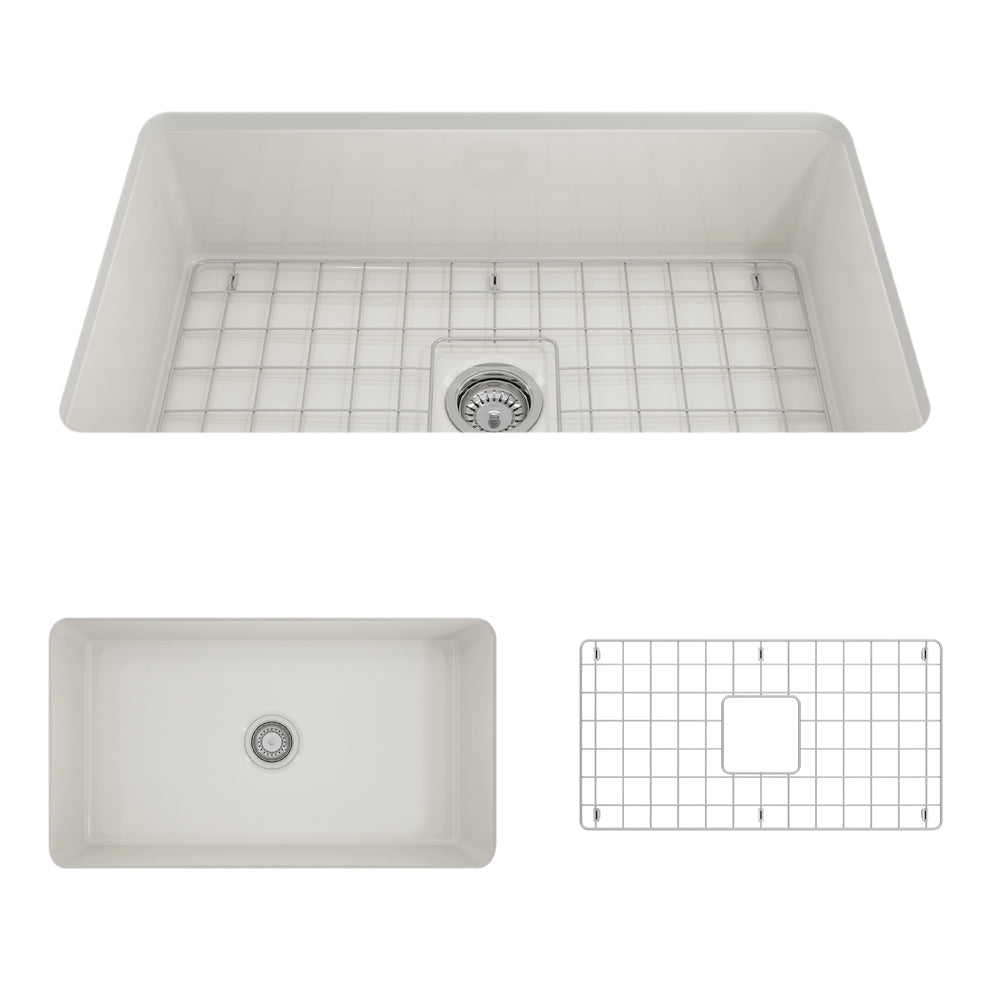 BOCCHI Sotto 32" Fireclay Undermount Single Bowl Kitchen Sink, Biscuit, 1362-014-0120