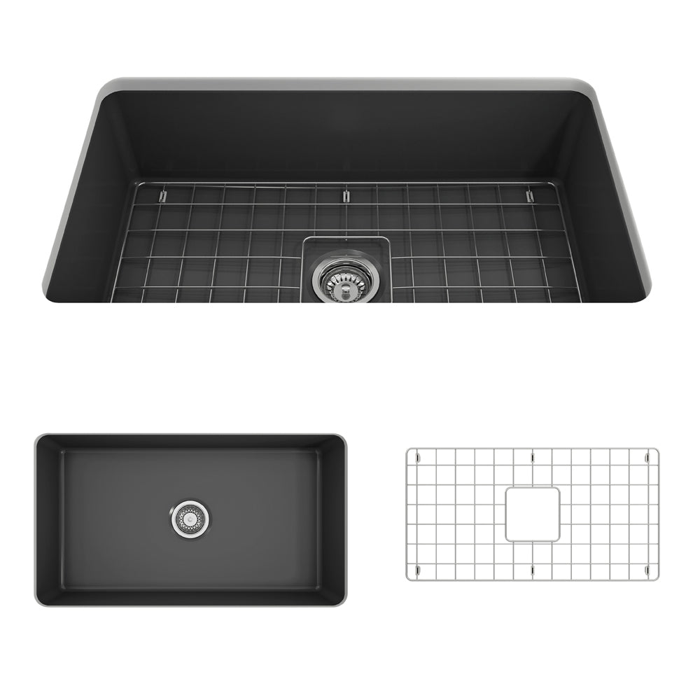 BOCCHI Sotto 32" Fireclay Undermount Single Bowl Kitchen Sink, Matte Dark Gray, 1362-020-0120