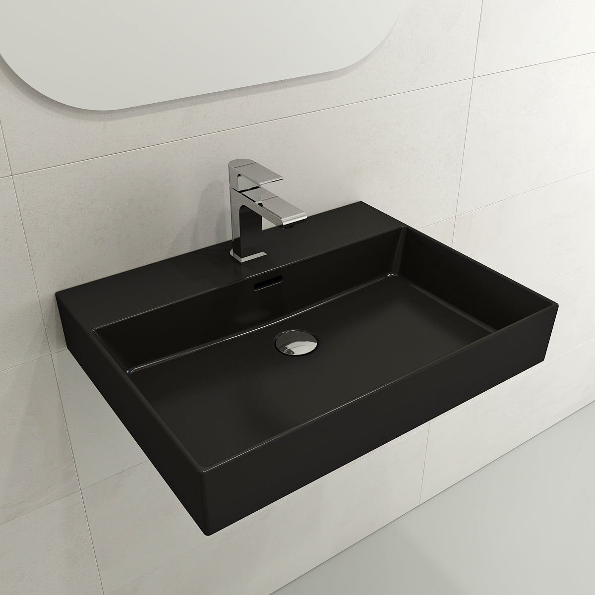 BOCCHI Milano 24" Rectangle Wallmount Fireclay Bathroom Sink, Matte Black, Single Faucet Hole, 1376-004-0126