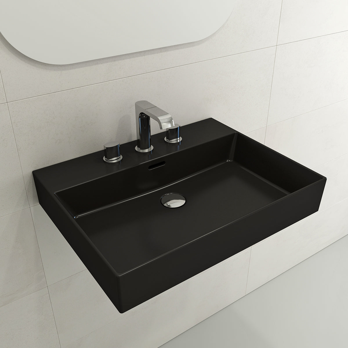 BOCCHI Milano 24" Rectangle Wallmount Fireclay Bathroom Sink, Matte Black, 3 Faucet Hole, 1376-004-0127