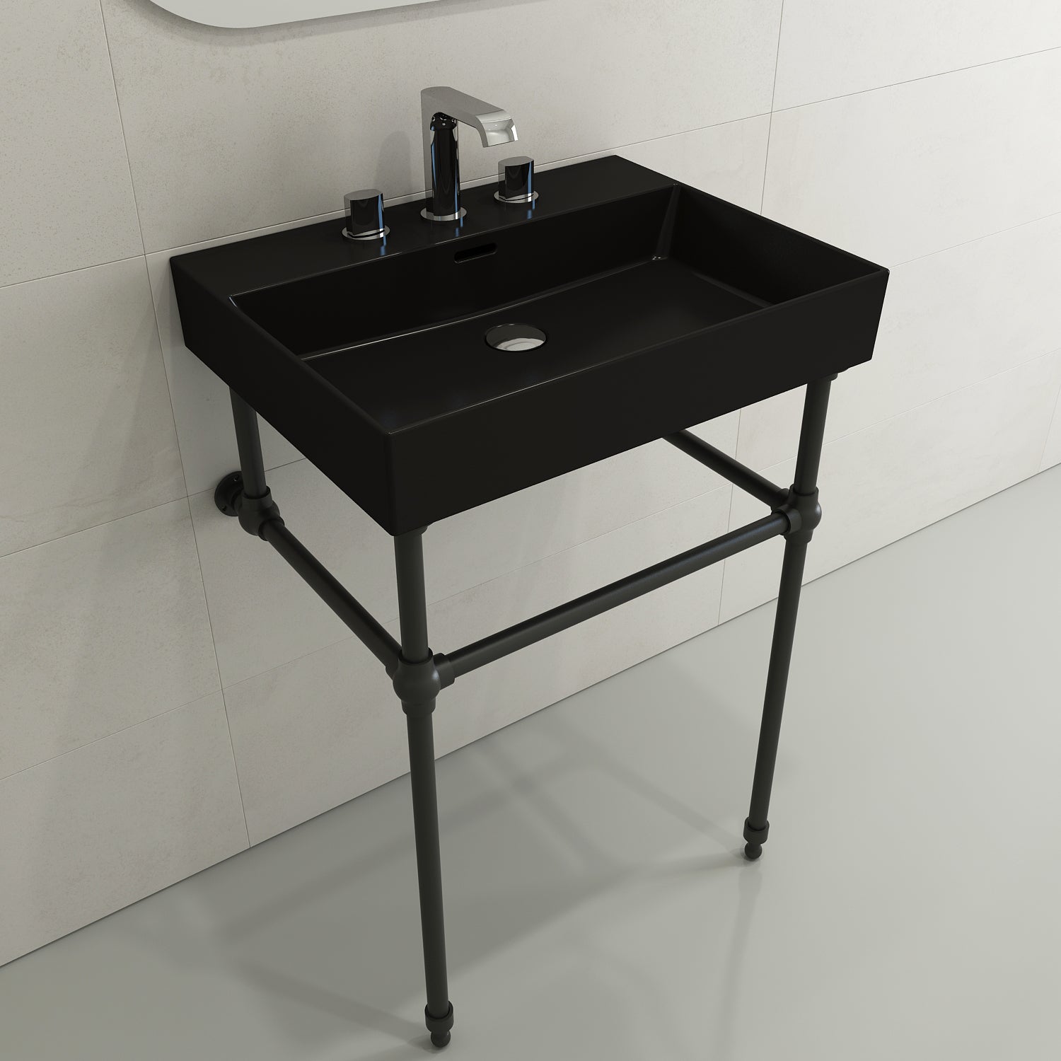 Alternate Image for BOCCHI Milano 24" Rectangle Wallmount Fireclay Bathroom Sink, Matte Black, 3 Faucet Hole, 1376-004-0127