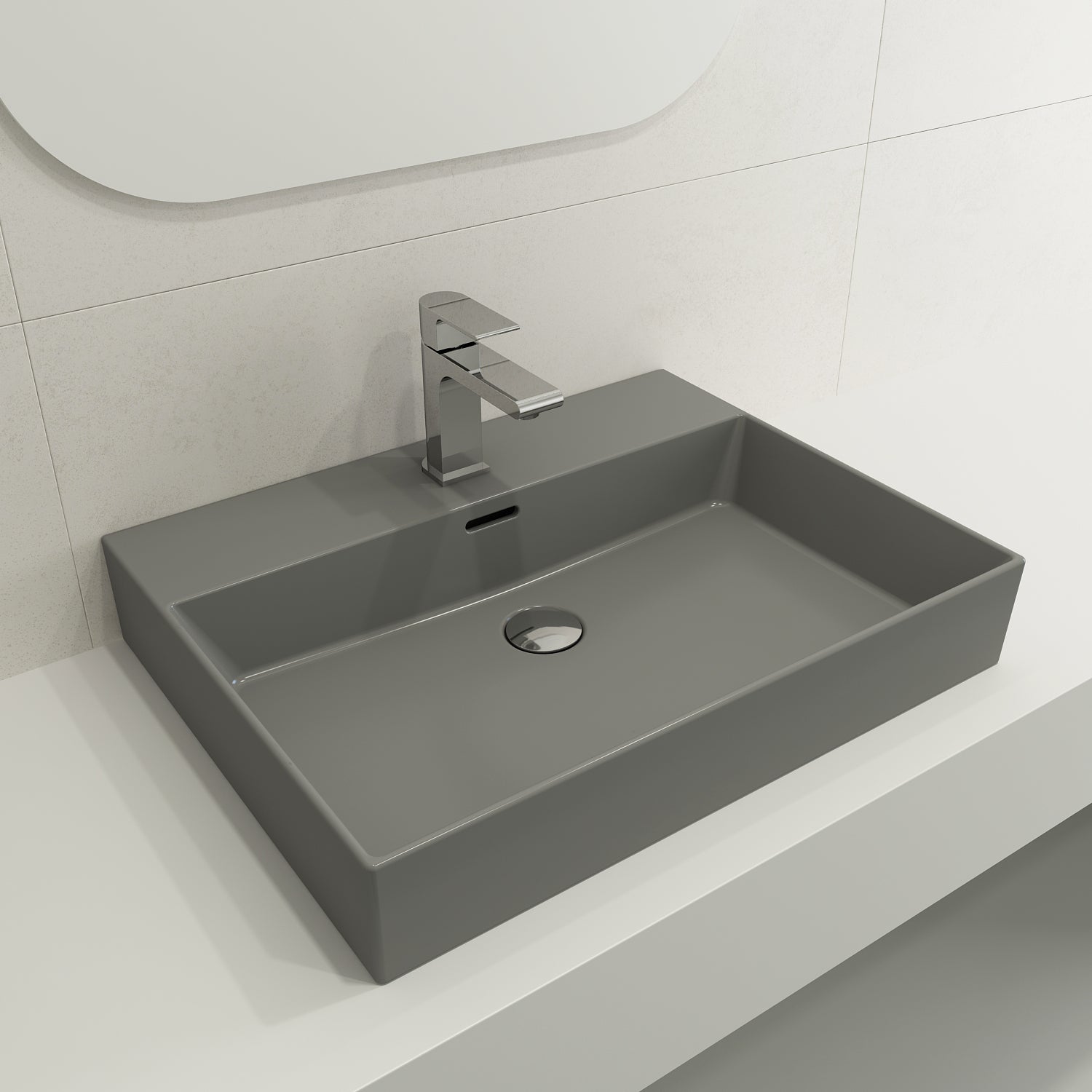 Alternate Image for BOCCHI Milano 24" Rectangle Wallmount Fireclay Bathroom Sink, Matte Gray, Single Faucet Hole, 1376-006-0126
