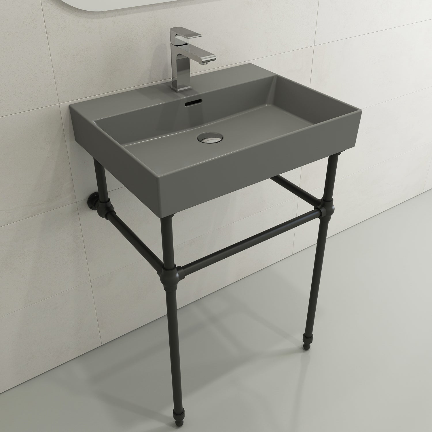 Alternate Image for BOCCHI Milano 24" Rectangle Wallmount Fireclay Bathroom Sink, Matte Gray, Single Faucet Hole, 1376-006-0126